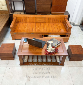 Giường Gấp Gỗ Sồi Kèm Bàn (Có Kính) & Đôn Gỗ Sồi Kiểu Dáng Bắt Mắt