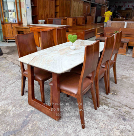 Bàn Ăn Gỗ Sồi Nga Mặt Đá 6 Ghế Nệm Lau Màu Óc Chó Hiện Đại
