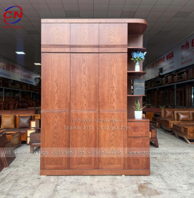 Tủ Áo Gỗ Sồi Nga 3 Cánh 2 Tầng Kèm Kệ Trang Trí Lau Màu Óc Chó Hiện Đại