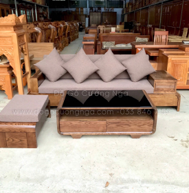 Bộ Bàn Ghế Sofa Văng Cuốn Gỗ Sồi Nga 2m3 - Lau Màu Óc Chó Kèm Nệm 