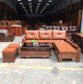 Bộ Ghế Sofa Góc L Gỗ Sồi Nga Màu Óc Chó Kèm Nệm Hiện Đại 2mx1m8 