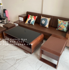 Bàn Ghế Sofa Văng Gỗ Sồi Nga 2m3 Màu Óc Chó - Nệm Da 