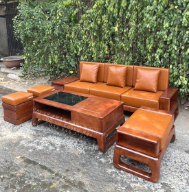 Bộ Bàn Ghế Sofa Gỗ Sồi Nga Văng 2m35 Lau Màu Óc Chó Nhỏ Gọn 