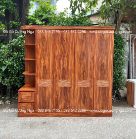 Tủ Quần Áo Gỗ Cẩm Vân 4 Cánh Kết Hợp Góc Trang Trí Hiện Đại 