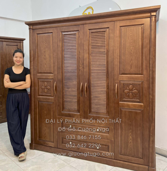 Tủ Quần Áo Gỗ Sồi 4 Cánh Màu Óc Chó - Mẫu Lá Sách 