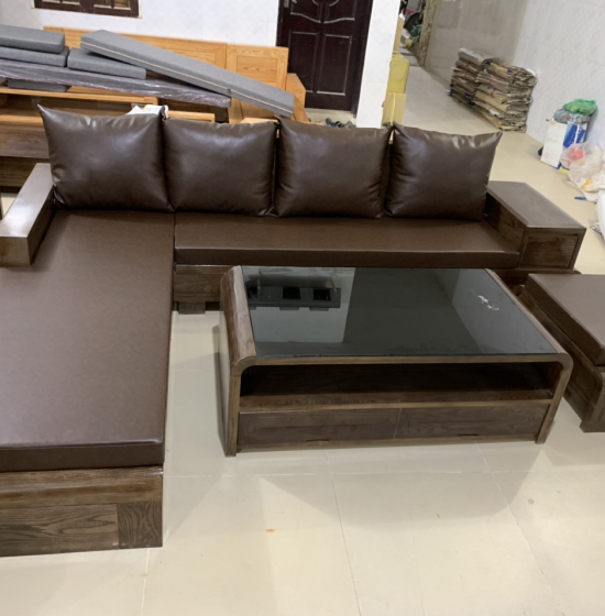 Bộ Bàn Ghế Sofa Góc L Gỗ Sồi Nga Chân Cuốn - Vế Phải Nệm Vải Bố 