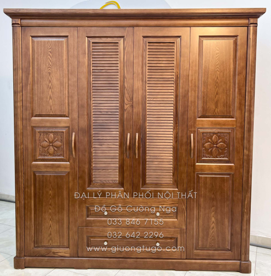 Tủ Quần Áo Gỗ Sồi 4 Cánh Màu Óc Chó - Mẫu Lá Sách 