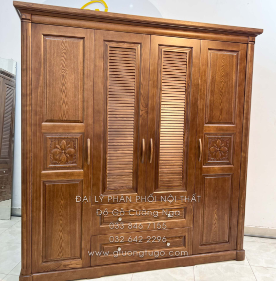 Tủ Quần Áo Gỗ Sồi 4 Cánh Màu Óc Chó - Mẫu Lá Sách 