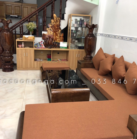 Bộ Bàn Ghế Sofa Góc L Gỗ Sồi Nga Chân Cuốn - Vế Phải Nệm Vải Bố 