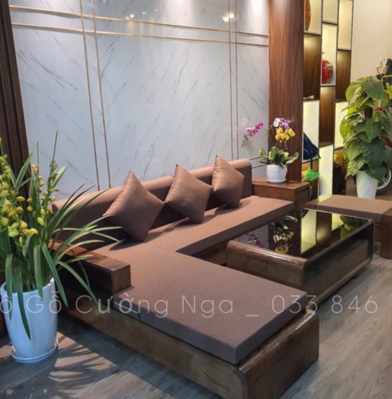 Bộ Bàn Ghế Sofa Góc L Gỗ Sồi Nga Chân Cuốn - Vế Phải Nệm Vải Bố 