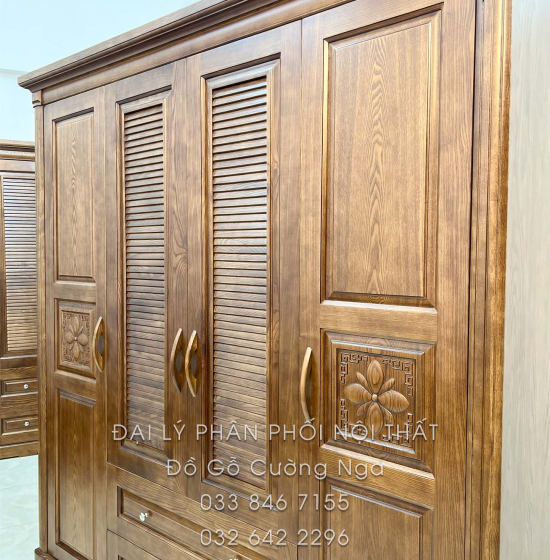 Tủ Quần Áo Gỗ Sồi 4 Cánh Màu Óc Chó - Mẫu Lá Sách 
