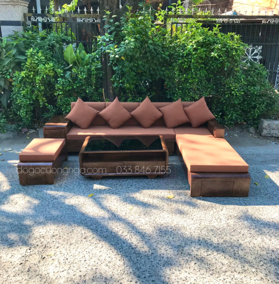 Bộ Bàn Ghế Sofa Góc L Gỗ Sồi Nga Chân Cuốn - Vế Phải Nệm Vải Bố 