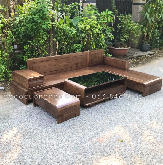 Bộ Bàn Ghế Sofa Góc L Gỗ Sồi Nga Chân Cuốn - Vế Phải Nệm Vải Bố 