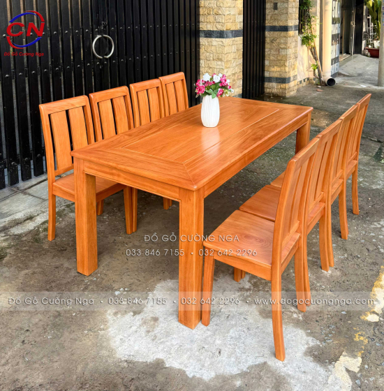 Bộ Bàn Ăn Gỗ Gõ Đỏ Hiện Đại 8 Ghế Mặt Liền 