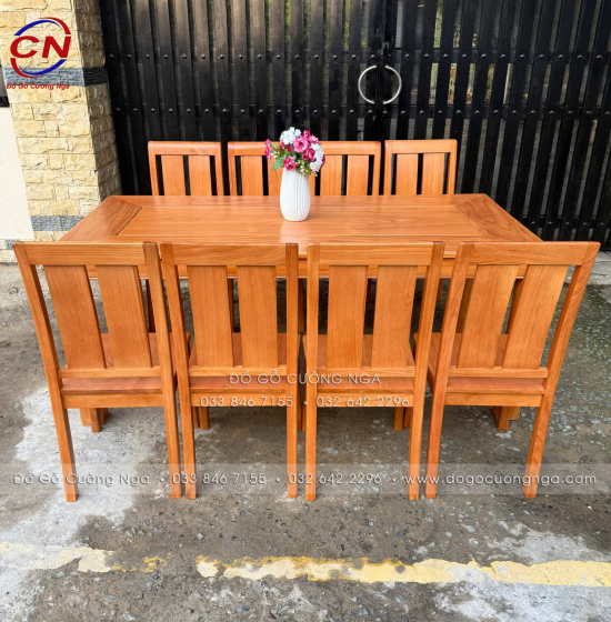 Bộ Bàn Ăn Gỗ Gõ Đỏ Hiện Đại 8 Ghế Mặt Liền 