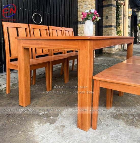 Bộ Bàn Ăn Gỗ Gõ Đỏ Hiện Đại 8 Ghế Mặt Liền 