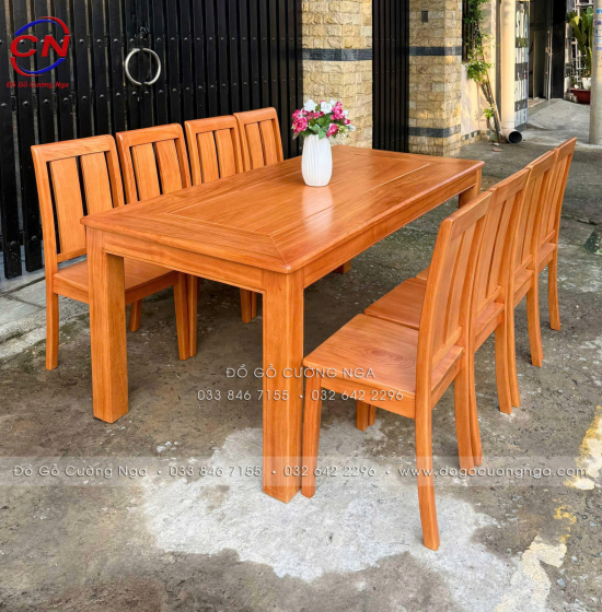 Bộ Bàn Ăn Gỗ Gõ Đỏ Hiện Đại 8 Ghế Mặt Liền 