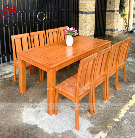 Bộ Bàn Ăn Gỗ Gõ Đỏ Hiện Đại 8 Ghế Mặt Liền 