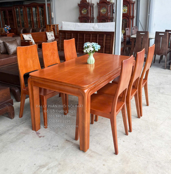 Bàn Ăn Gỗ Sồi Nga 6 Ghế Màu Cánh Gián Mẫu Chân Bo Hiện Đại