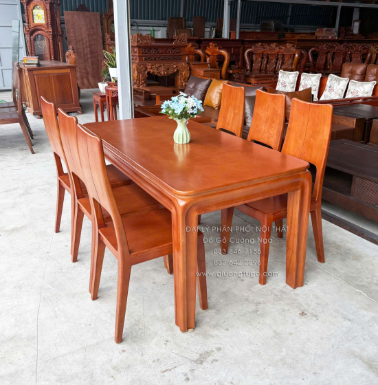 Bàn Ăn Gỗ Sồi Nga 6 Ghế Màu Cánh Gián Mẫu Chân Bo Hiện Đại