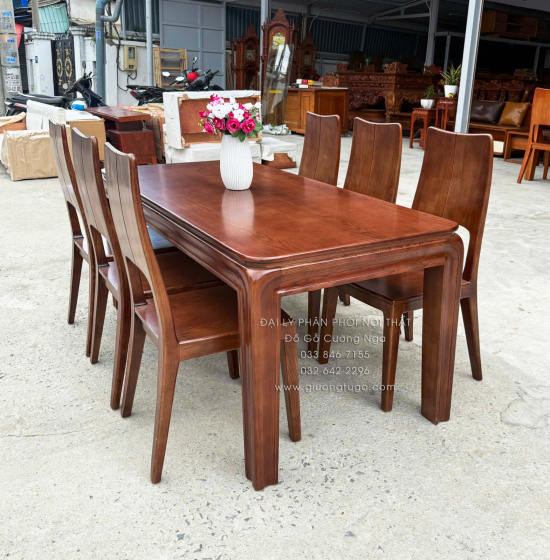 Bàn Ăn Gỗ Sồi Nga 6 Ghế Màu Óc Chó Mẫu Chân Bo Hiện Đại