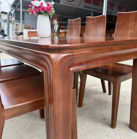 Bàn Ăn Gỗ Sồi Nga 6 Ghế Màu Óc Chó Mẫu Chân Bo Hiện Đại