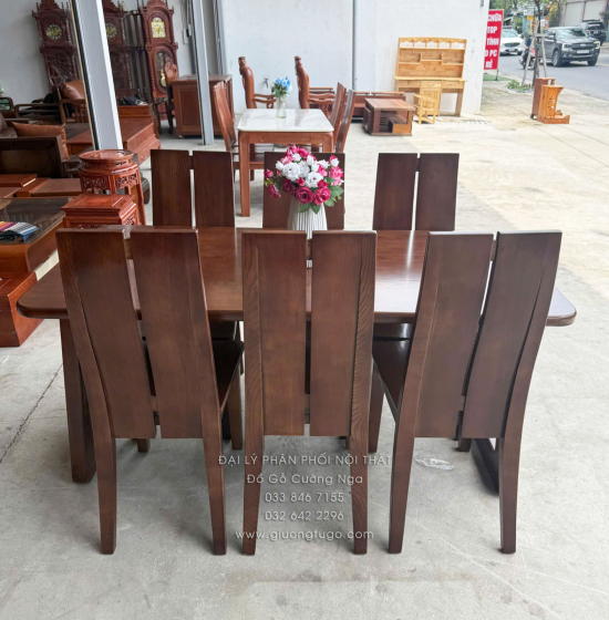 Bàn Ăn Gỗ Sồi Nga 6 Ghế Màu Óc Chó - Mẫu Chân Choãi - Mặt Bàn Gỗ
