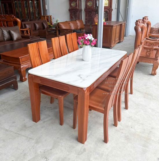 Bộ bàn ăn gỗ Xoan Đào mặt đá 1m6 - 6 ghế chân soi BG 035