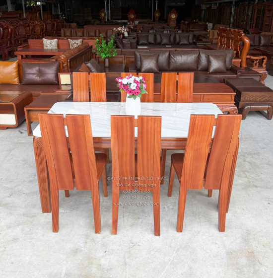 Bộ bàn ăn gỗ Xoan Đào mặt đá 1m6 - 6 ghế chân soi BG 035