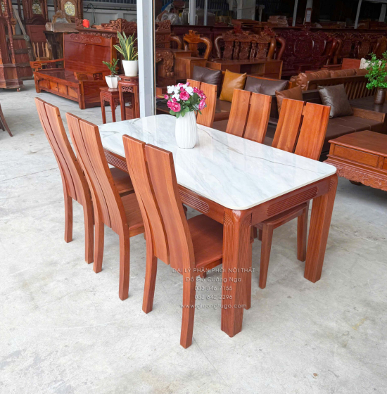Bộ bàn ăn gỗ Xoan Đào mặt đá 1m6 - 6 ghế chân soi BG 035