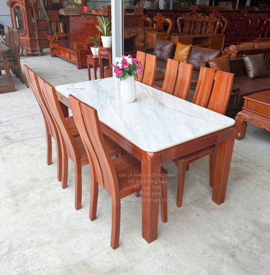 Bộ bàn ăn gỗ Xoan Đào mặt đá 1m6 - 6 ghế chân soi BG 035