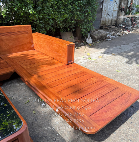 Sofa Gỗ Hương Vàng Góc L Chân Thuyền 3m25 x 2m15 Cao Cấp