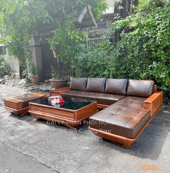 Sofa Gỗ Hương Vàng Góc L Chân Thuyền 3m25 x 2m15 Cao Cấp