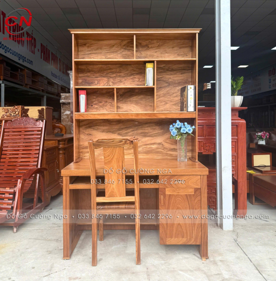 Bàn Ghế Học Sinh Gỗ Hương Xám 1m Có Kệ Sách BH 24.1