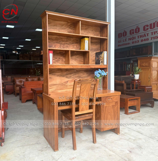 Bàn Ghế Học Sinh Gỗ Hương Xám 1m Có Kệ Sách BH 24.1