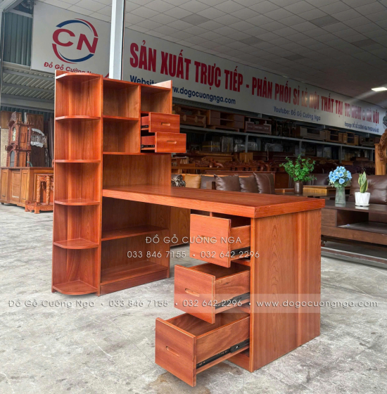 Bàn Làm Việc Gỗ Xoan Đào Kèm Kệ Sách Hiện Đại, Bền Chắc