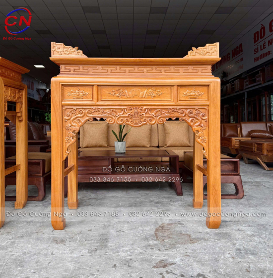 Bàn Thờ Gỗ Gõ Đỏ 1m27 Chạm Như Ý – Dáng Án Gian Gọn, Chạm Sắc Nét