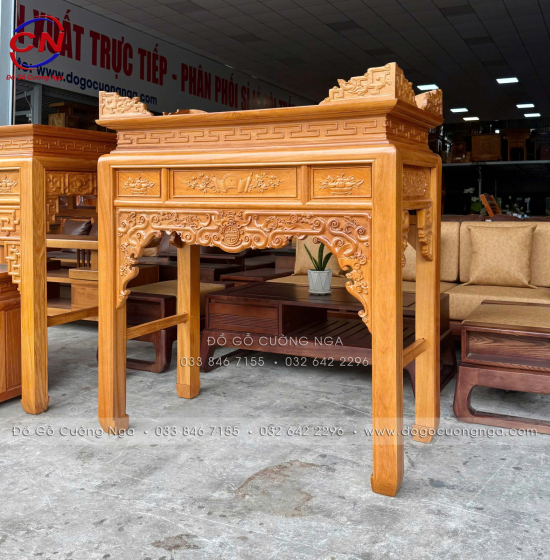 Bàn Thờ Gỗ Gõ Đỏ 1m27 Chạm Như Ý – Dáng Án Gian Gọn, Chạm Sắc Nét
