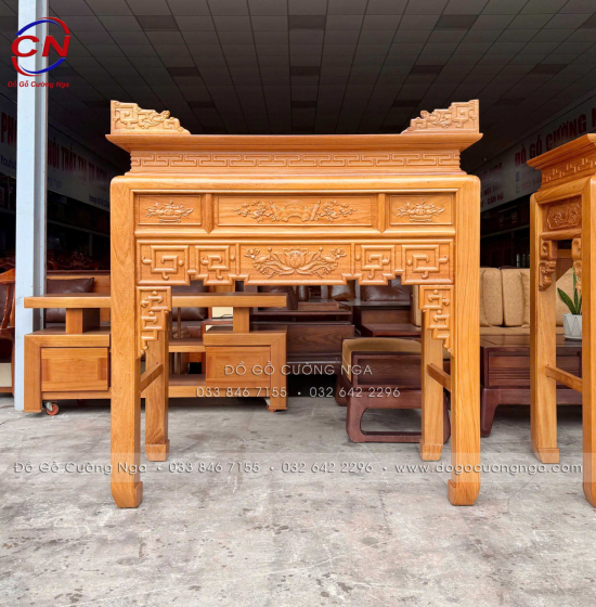 Bàn Thờ Án Gian Gỗ Gõ Đỏ 1m27 Thiết Kế Chạm Sen Trang Nghiêm, Cân Đối