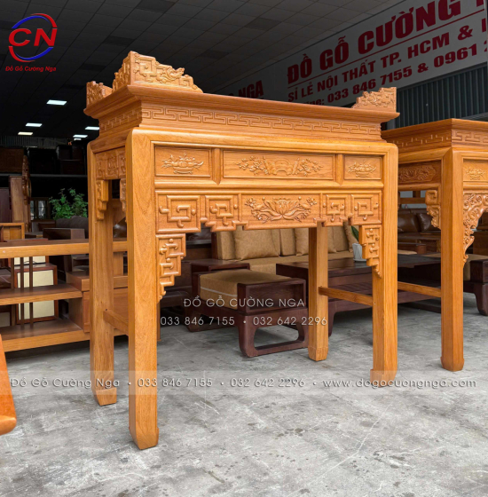 Bàn Thờ Án Gian Gỗ Gõ Đỏ 1m27 Thiết Kế Chạm Sen Trang Nghiêm, Cân Đối