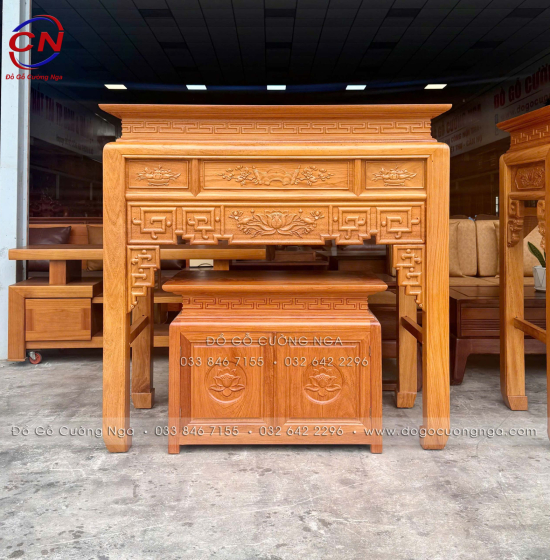 Bàn Thờ Gỗ Gõ Đỏ 1m27 Chạm Sen Kèm Tủ Cơm 