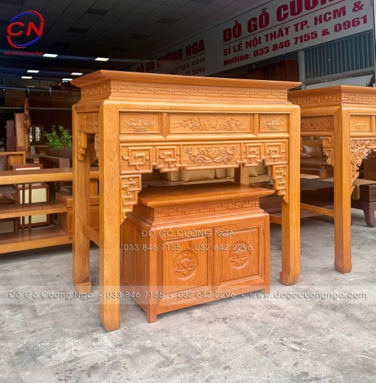 Bàn Thờ Gỗ Gõ Đỏ 1m27 Chạm Sen Kèm Tủ Cơm 