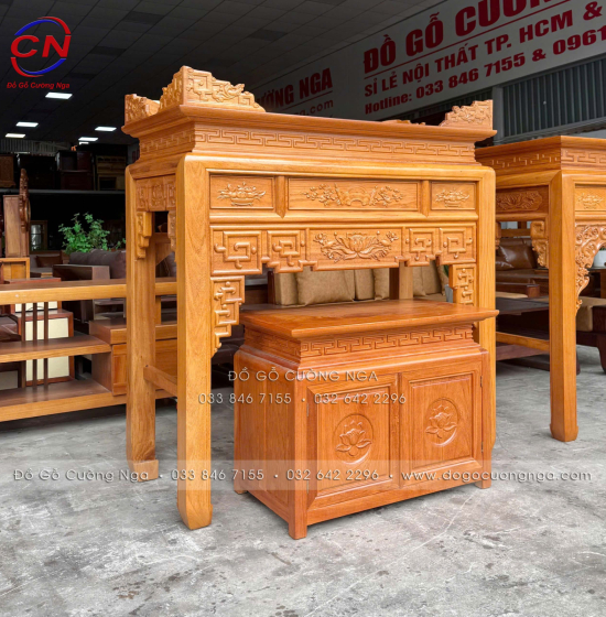 Bàn Thờ Gỗ Gõ Đỏ 1m27 Chạm Sen Kèm Tủ Cơm 