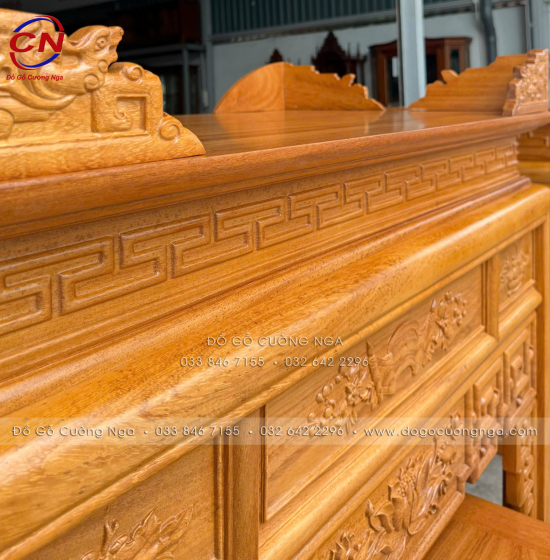 Bàn Thờ Gỗ Gõ Đỏ 1m27 Chạm Sen Kèm Tủ Cơm 