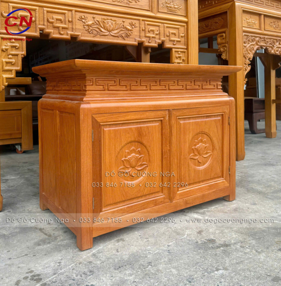 Bàn Thờ Gỗ Gõ Đỏ 1m27 Chạm Sen Kèm Tủ Cơm 