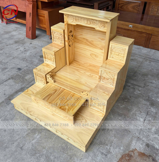 Bộ 3 Chi Tiết Bàn Thờ Ông Địa Thần Tài Gỗ Thông Tam Cấp Gọn Đẹp