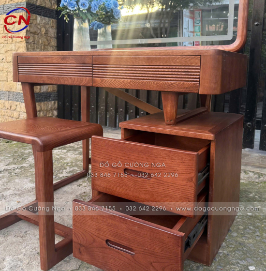 Bàn Trang Điểm Gỗ Sồi Nga Gương Đèn LED 1m Màu Óc Chó - Gương Vuông 