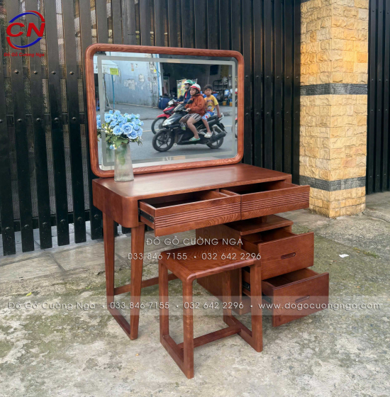 Bàn Trang Điểm Gỗ Sồi Nga Gương Đèn LED 1m Màu Óc Chó - Gương Vuông 