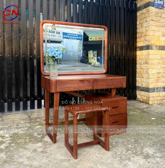 Bàn Trang Điểm Gỗ Sồi Nga Gương Đèn LED 1m Màu Óc Chó - Gương Vuông 