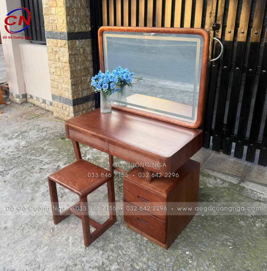 Bàn Trang Điểm Gỗ Sồi Nga Gương Đèn LED 1m Màu Óc Chó - Gương Vuông 